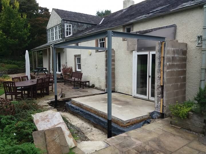 Structural steel box section posts and ring beam installed for sunroom extension near Loweswater Cockermouth Cumbria