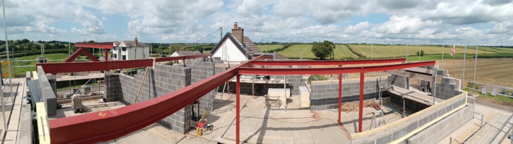 Structural steel beams and framework installed for new build house near Thursby Carlisle Cumbria