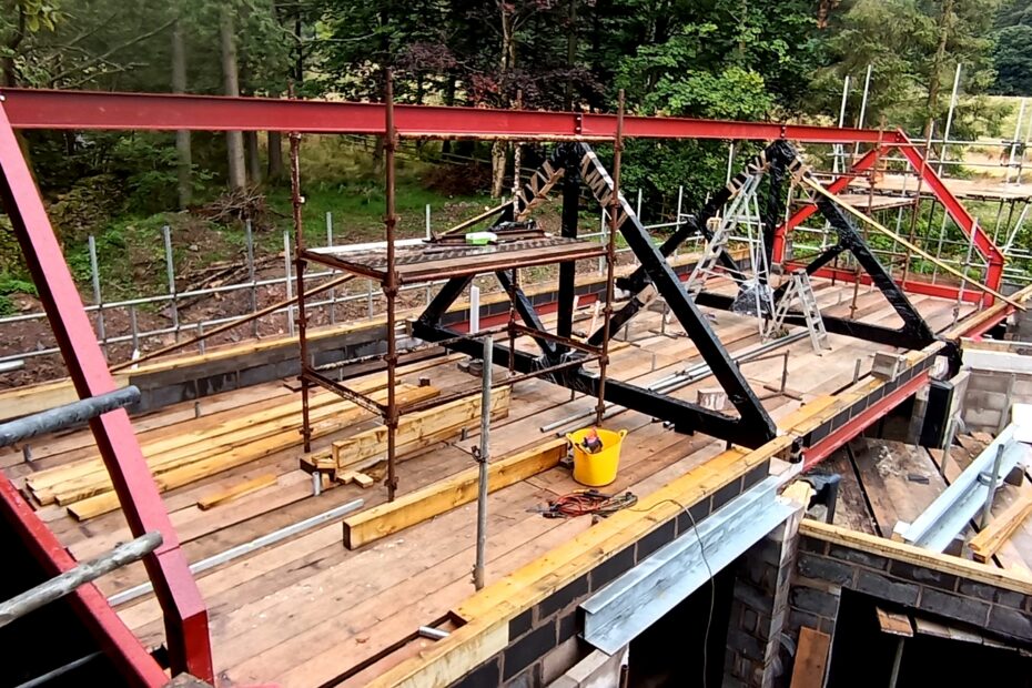 Structural steel portal frames installed for new build home in Watermillock Lake District Cumbria