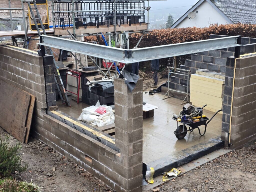 Galvanised corner window support frame installed for modern property in Keswick Cumbria
