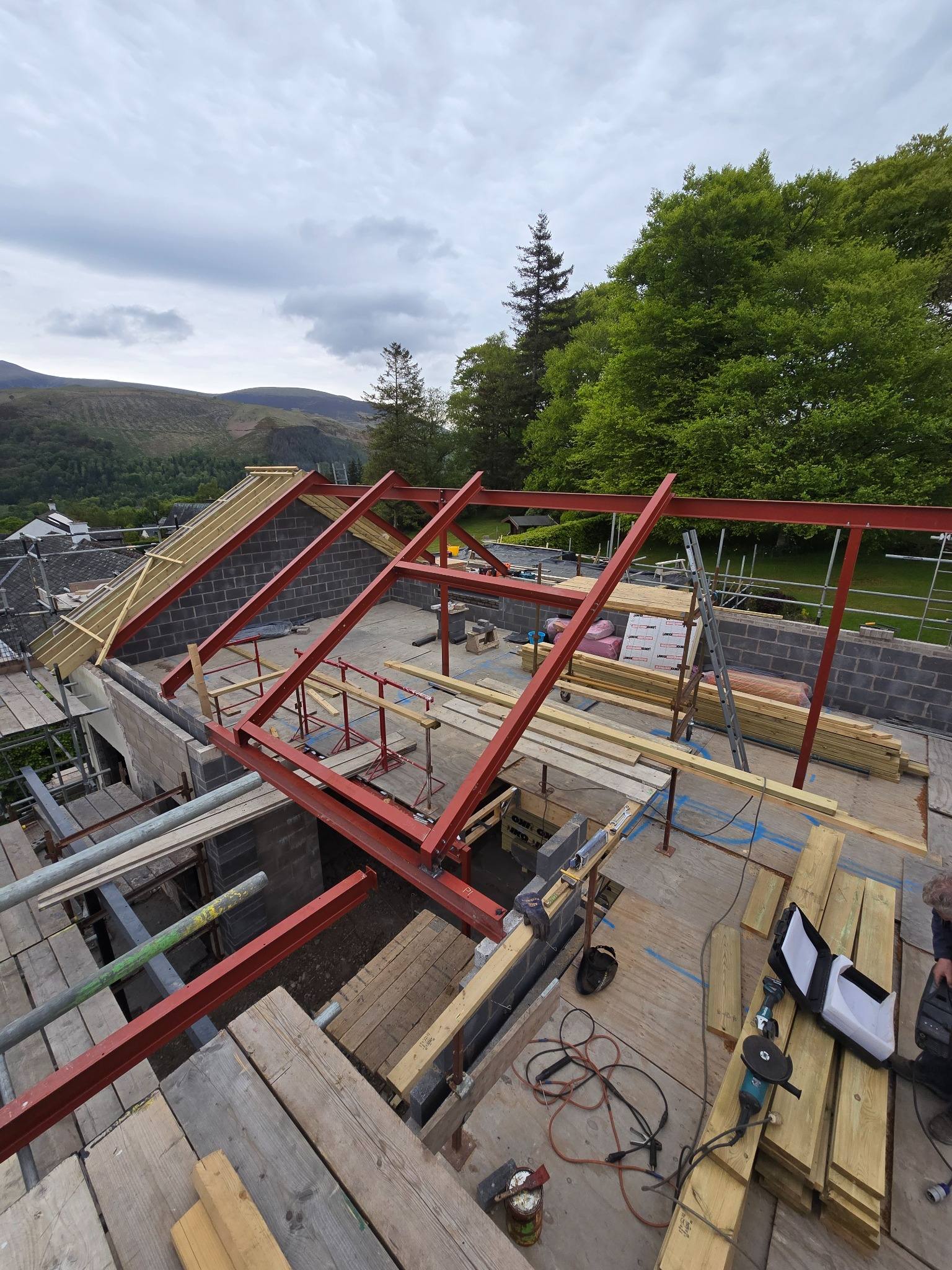 Structural steel A-frame and roof support steelwork installed for residential project in Keswick Lake District
